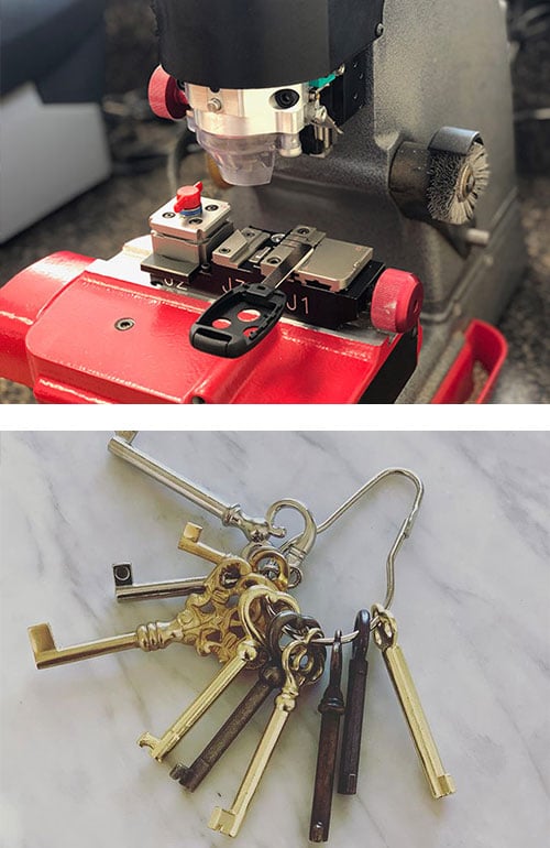 transponder head key being cut (top) and a selection of skeleton keys that we are able to duplicate (bottom)