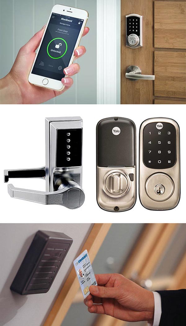 Access control collage top to bottom: WiFi -enabled Smart Lock, 2 keypad locks, keycard reader in office